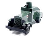 a toy car that is green and black on a white background