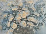 a painting of a basket of flowers on a table