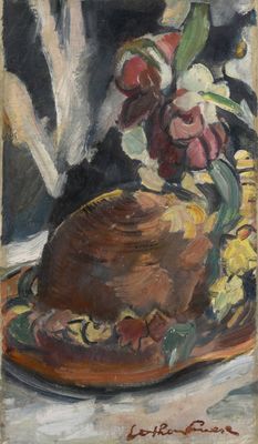 une peinture à l'huile représentant une assiette de nourriture posée sur une table