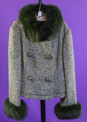 TAKOU PAU Veste caban en laine, motif chevrons verts, fourru…