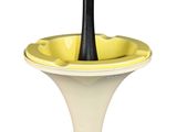 a yellow vase with a black handle on a white background