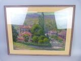 peinture représentant un paysage avec une maison et des arbres au premier plan