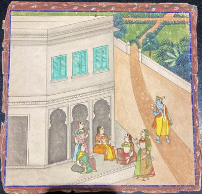 a painting of a group of people in a courtyard with a building in the background