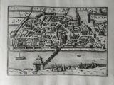 an old drawing of a map of a city in the middle of a river