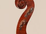 a close up of a violin on a stand with a white background