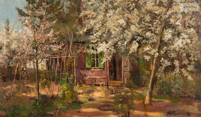 tableau représentant une maison dans les bois, entourée d'arbres