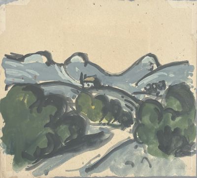 an image of a painting of a landscape with mountains in the background