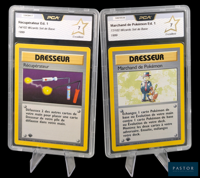 les deux cartes sont placées dans des pochettes en plastique sur un fond noir
