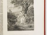 an open book with a picture of a man and a woman sitting on a bench
