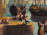 a painting of a group of people standing on a dock