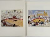 an open book with two pictures of a bullfight in a stadium