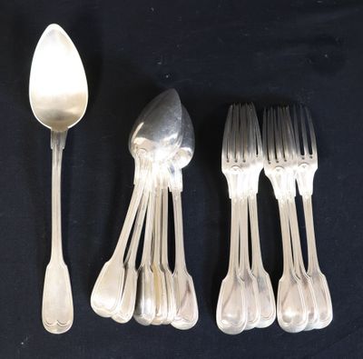 six silver spoons and six forks are lined up on a black surface