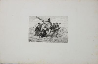 un dessin en noir et blanc représentant un groupe d'hommes à cheval