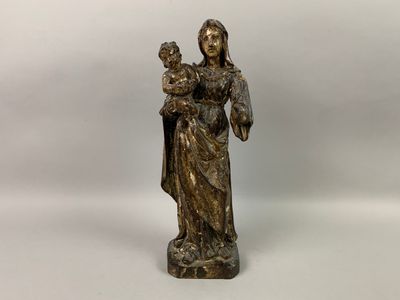 "Vierge à l'enfant". Sujet en bois sculpté et patiné représe…