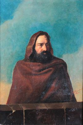 painting of a man with a long beard and a red cape