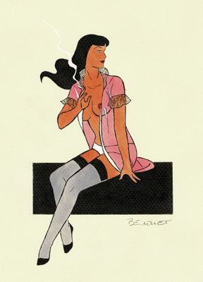 une illustration représentant une femme assise sur un banc en train de fumer une cigarette