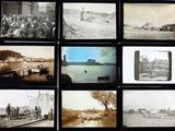 several old black and white photographs of people and animals in a field