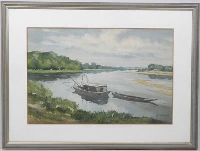 tableau représentant un bateau sur un plan d'eau, avec le ciel en arrière-plan
