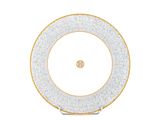 a white and gold dinner plate with a gold rim