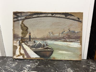 une image d'un tableau représentant un bateau sur l'eau