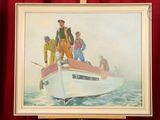 a painting of a group of people on a boat in the water