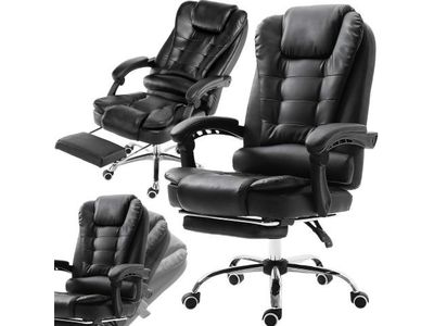 two black leather office chairs and a reclining chair with a foot rest