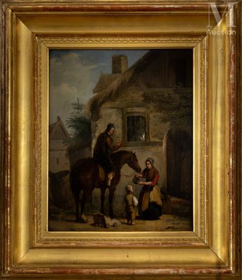 une image représentant un tableau où l'on voit un homme et une femme avec un cheval devant une maison