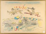 drawing of a group of people on skis flying through the air