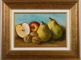 une peinture à l'huile représentant des poires, des pommes et des noix posées sur une table