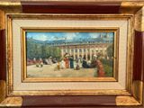 an oil painting of a group of people in a courtyard with a building in the background