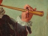 painting of a man in a red hat holding a baseball bat
