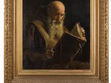 a painting of an old man reading a book in a gold frame