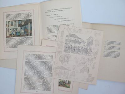 several pages of a book with pictures of people and animals on them