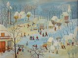 un tableau représentant une scène hivernale où des gens s'amusent dans la neige