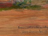 an oil painting of a horse grazing in a field with a barn in the background