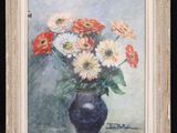 a painting of flowers in a blue vase on a table