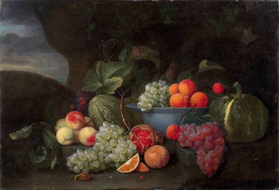 une peinture représentant une coupe de fruits sur une table