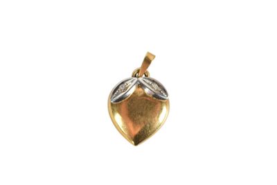 a close up of a gold and silver pendant on a white background