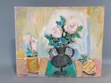 une peinture de fleurs dans un vase sur une table