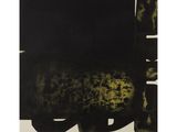 an image of a black and yellow painting on a white surface