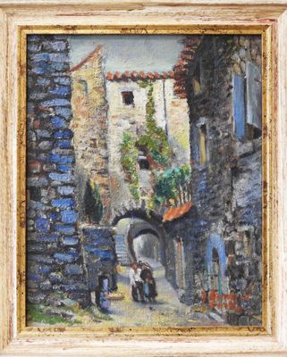 an oil painting of a street scene with a horse and carriage