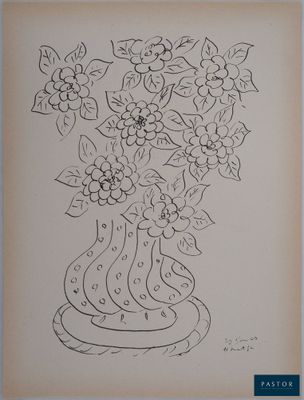 un dessin représentant un vase contenant des fleurs