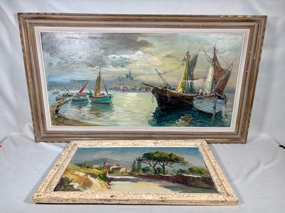 deux tableaux représentant des bateaux sur un plan d'eau, placés l'un à côté de l'autre