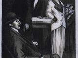 drawing of a man and woman sitting at a table in front of a group of men