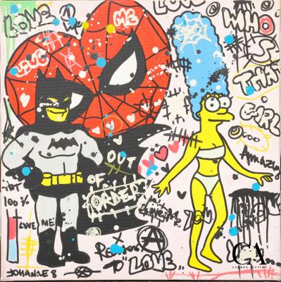 tableau représentant un homme et une femme déguisés en Batman et Catwoman
