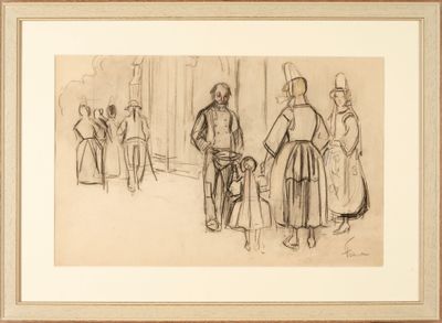 an image of a drawing of a group of people standing in front of a building