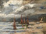 tableau représentant des bateaux sur une plage sous un ciel nuageux