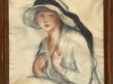 an old painting of a woman in a white hat and a black and white hat
