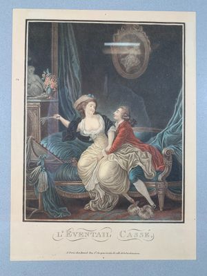an old print of a woman and a man sitting on a couch