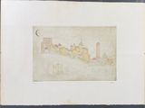 une image représentant un dessin d'une ville avec une lune dans le ciel